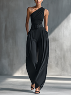 Women's Black High-Elastic Knit Top & Acetate Wide-Leg Pants Set