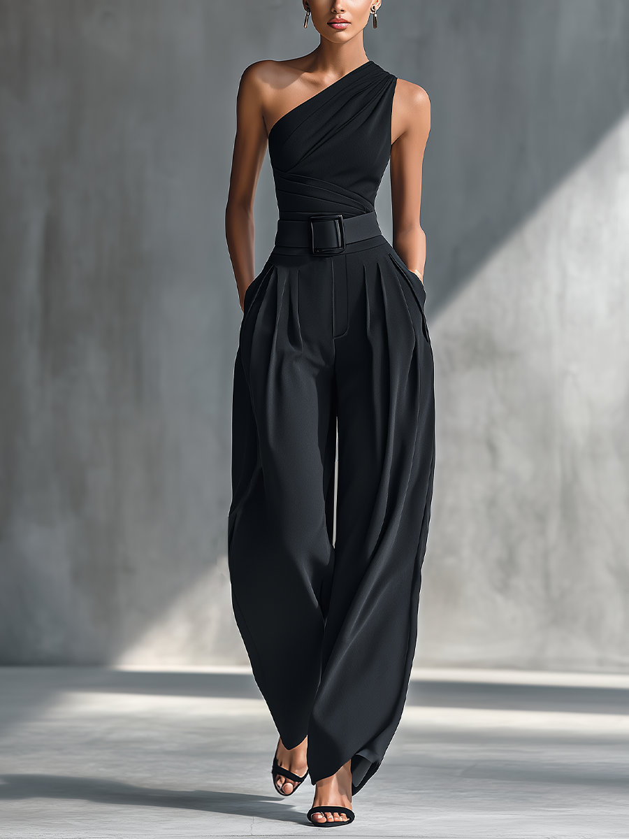 Women's Black High-Elastic Knit Top & Acetate Wide-Leg Pants Set