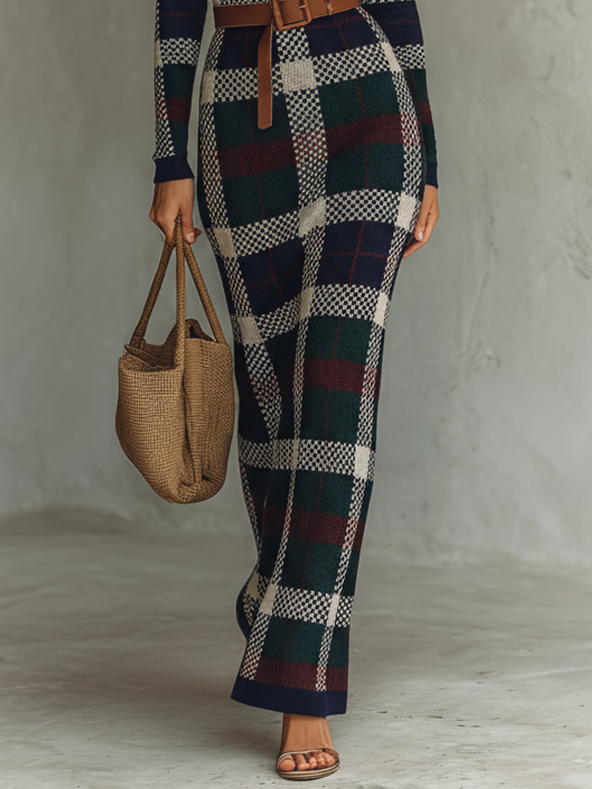 Women's Check Knit Maxi Dress with Belt - Square Neck Minimalist Style