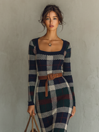 Women's Check Knit Maxi Dress with Belt - Square Neck Minimalist Style