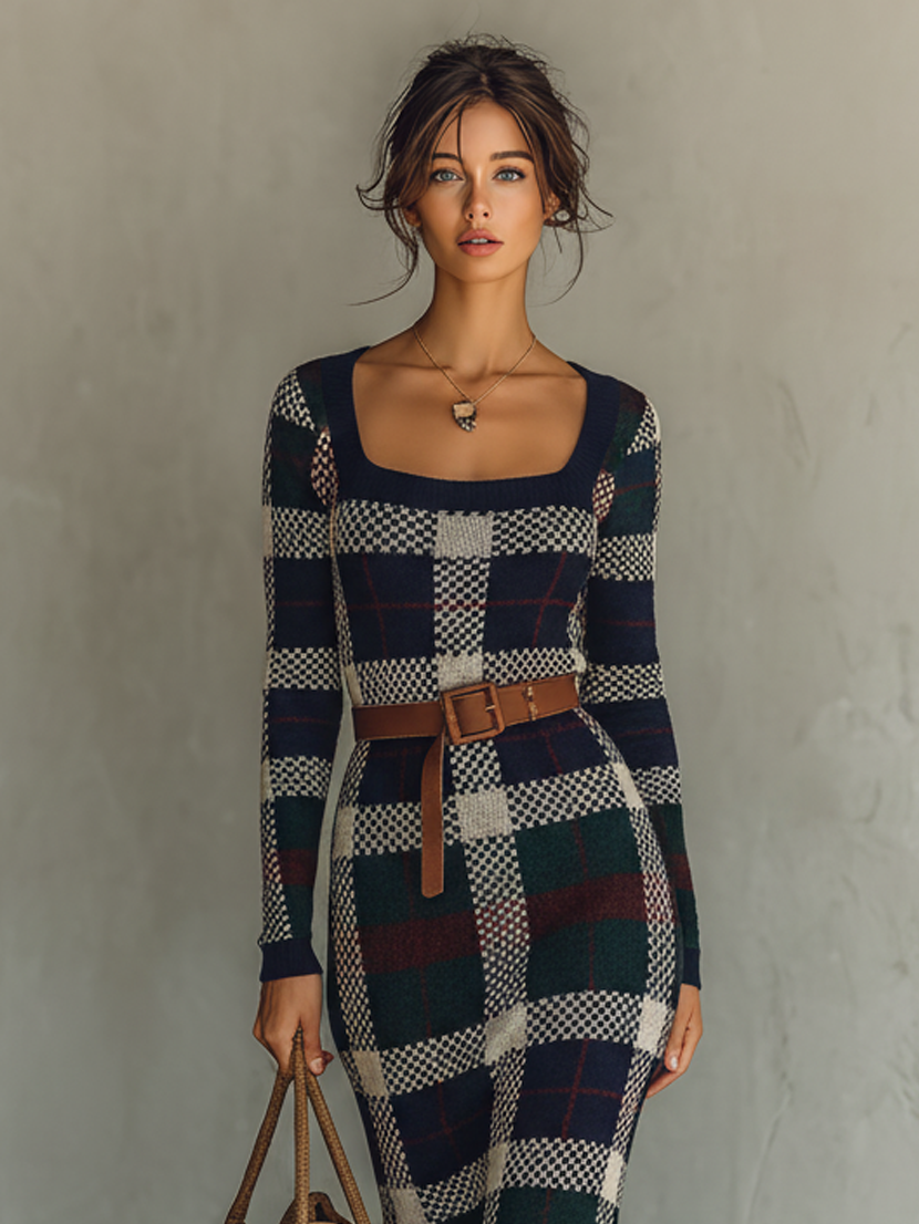 Women's Check Knit Maxi Dress with Belt - Square Neck Minimalist Style