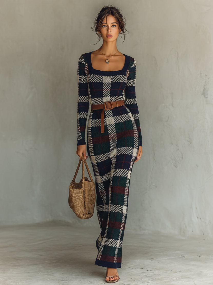 Women's Check Knit Maxi Dress with Belt - Square Neck Minimalist Style
