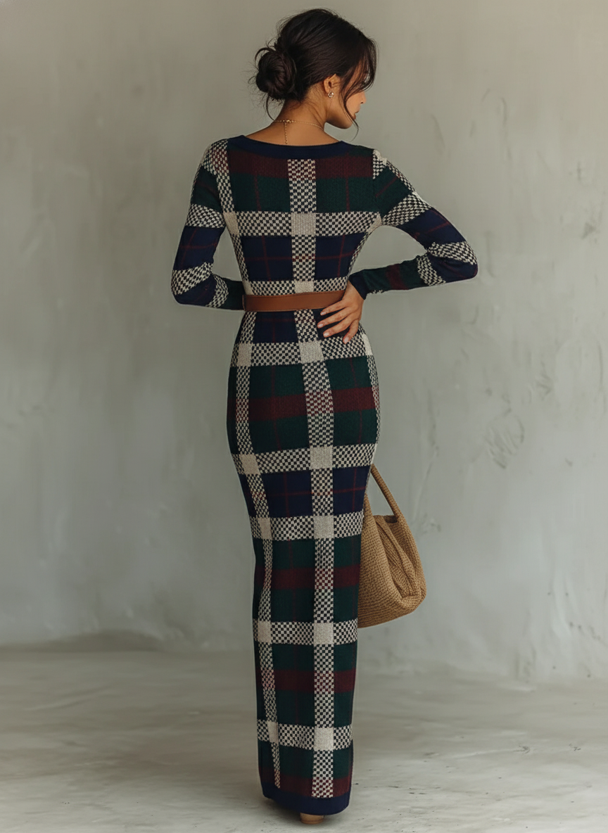 Women's Check Knit Maxi Dress with Belt - Square Neck Minimalist Style