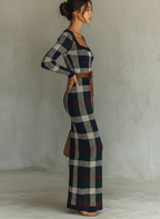 Women's Check Knit Maxi Dress with Belt - Square Neck Minimalist Style