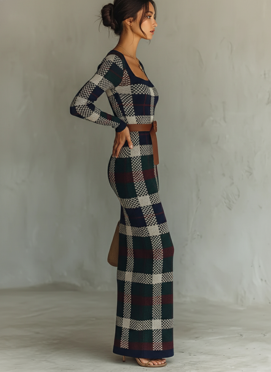Women's Check Knit Maxi Dress with Belt - Square Neck Minimalist Style