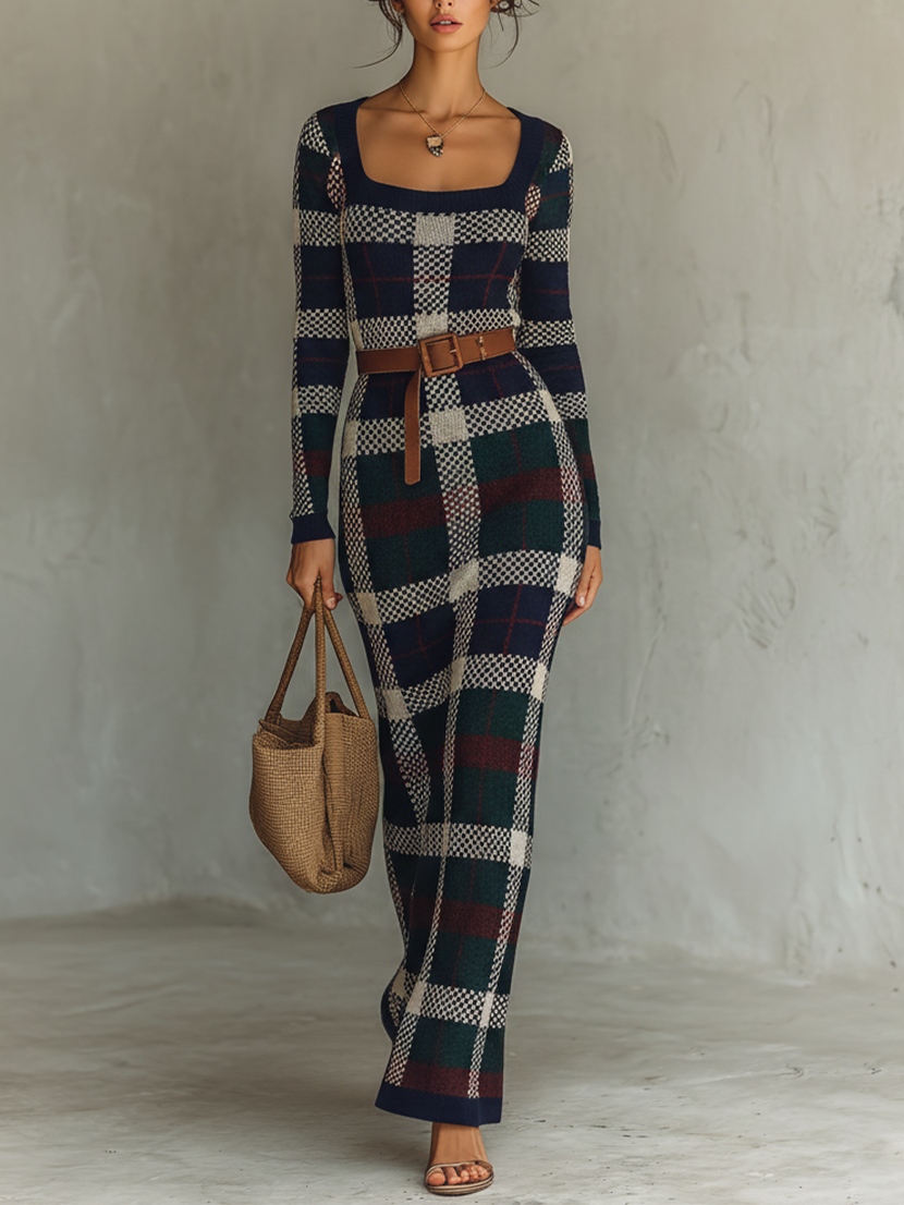 Women's Check Knit Maxi Dress with Belt - Square Neck Minimalist Style