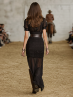 Women's Chiffon Pleated Maxi Dress with Lapel and Short Sleeves for Casual Wear