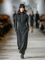 Women's Cotton Blend Half-High Collar Zipper Maxi Dress for Sports & Casual Wear