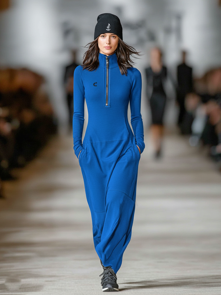 Women's Cotton Blend Half-High Collar Zipper Maxi Dress for Sports & Casual Wear