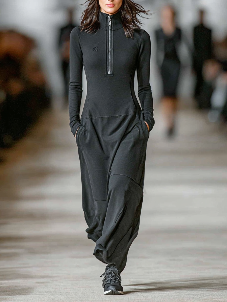 Women's Cotton Blend Half-High Collar Zipper Maxi Dress for Sports & Casual Wear