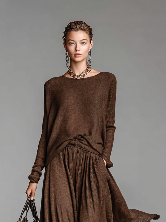 Women's Knitted Sweater and Skirt Set, Round Neck, Casual Fashion Outfit
