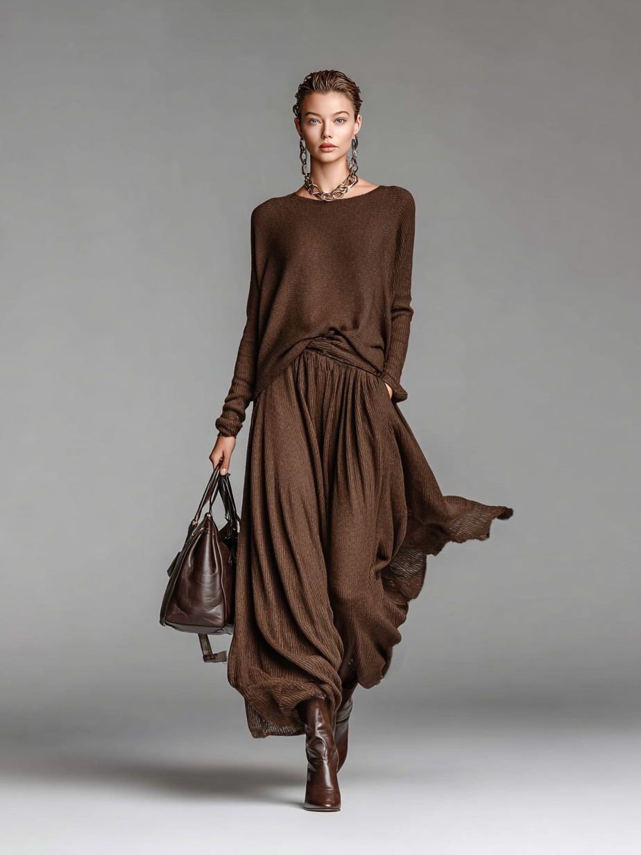 Women's Knitted Sweater and Skirt Set, Round Neck, Casual Fashion Outfit