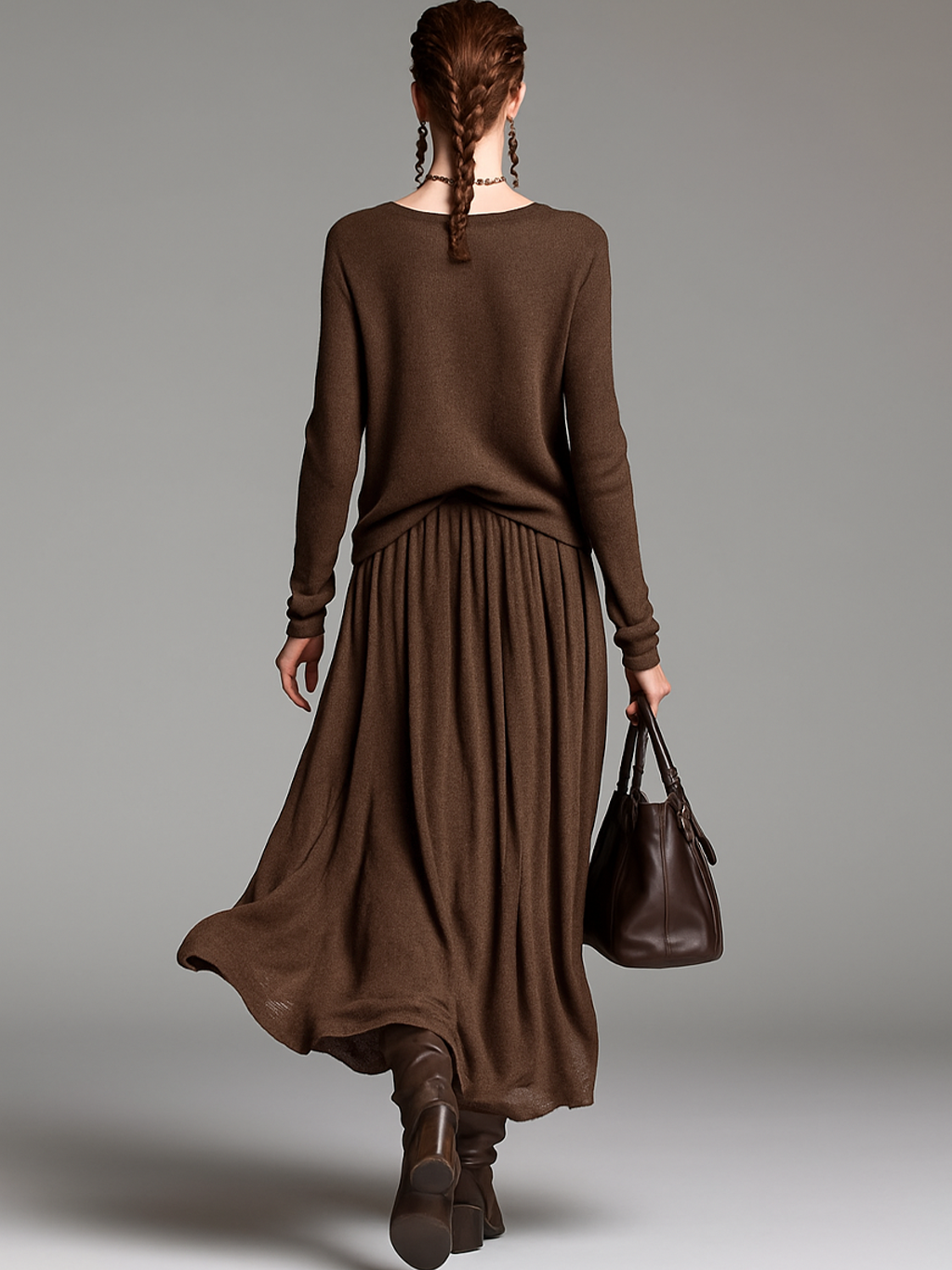 Women's Knitted Sweater and Skirt Set, Round Neck, Casual Fashion Outfit