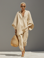 Women's Linen Set - Asymmetric Hem, Minimalist Design for Casual Wear