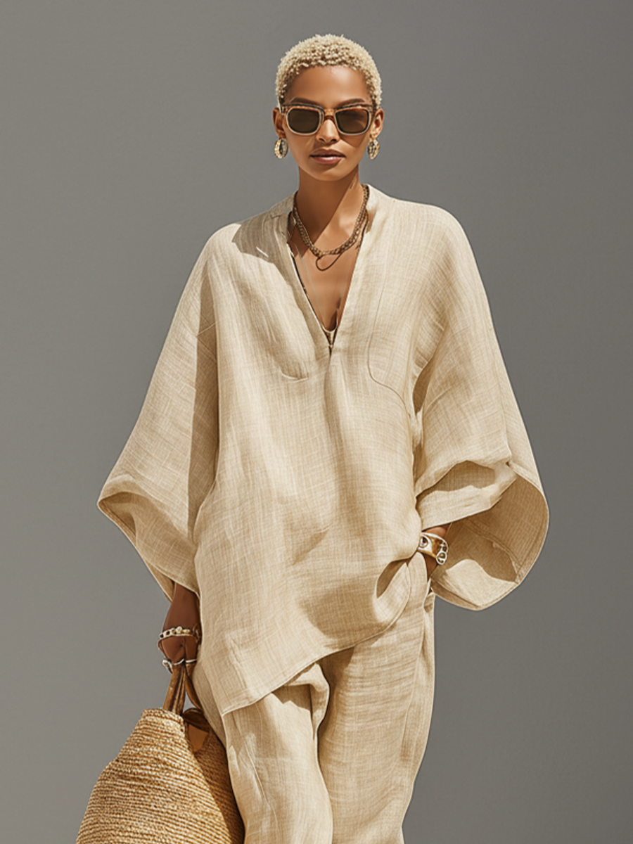 Women's Linen Set - Asymmetric Hem, Minimalist Design for Casual Wear