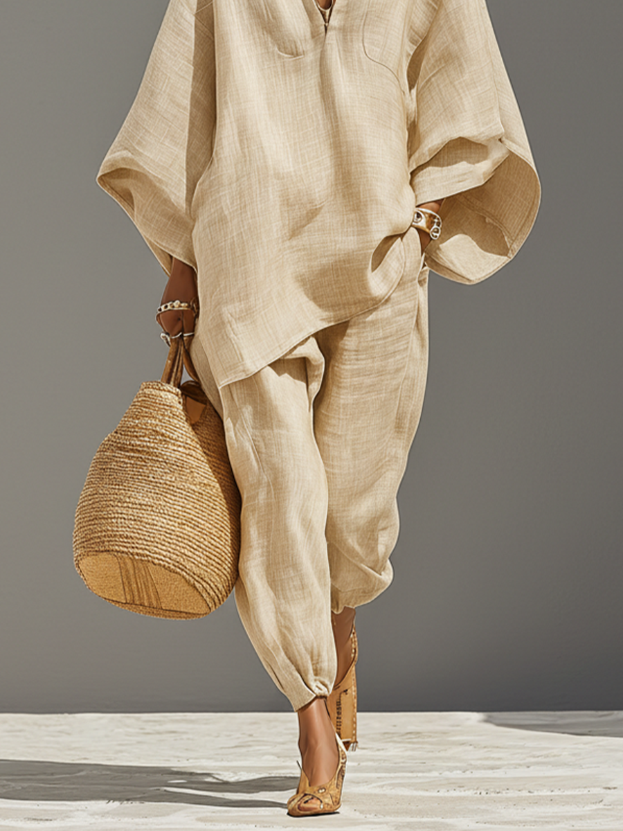 Women's Linen Set - Asymmetric Hem, Minimalist Design for Casual Wear