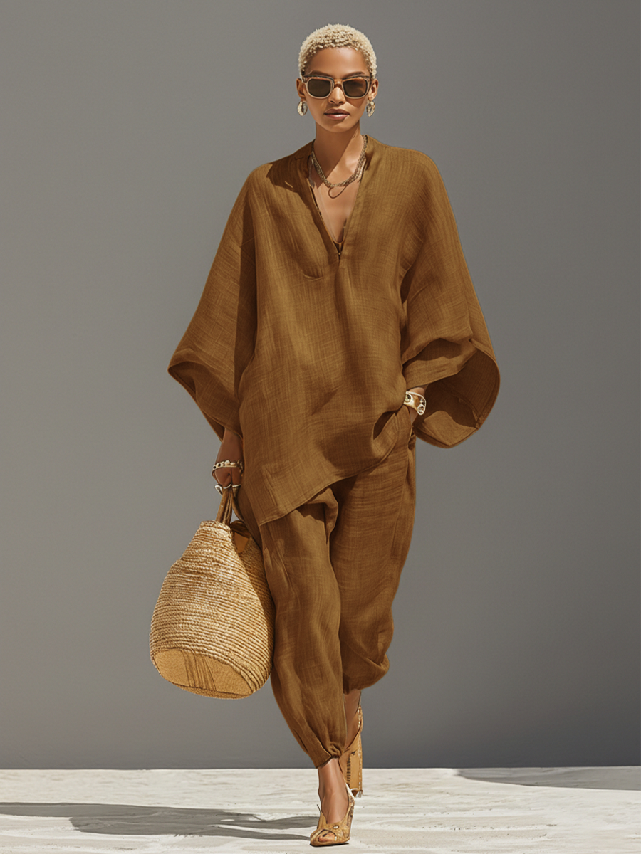 Women's Linen Set - Asymmetric Hem, Minimalist Design for Casual Wear