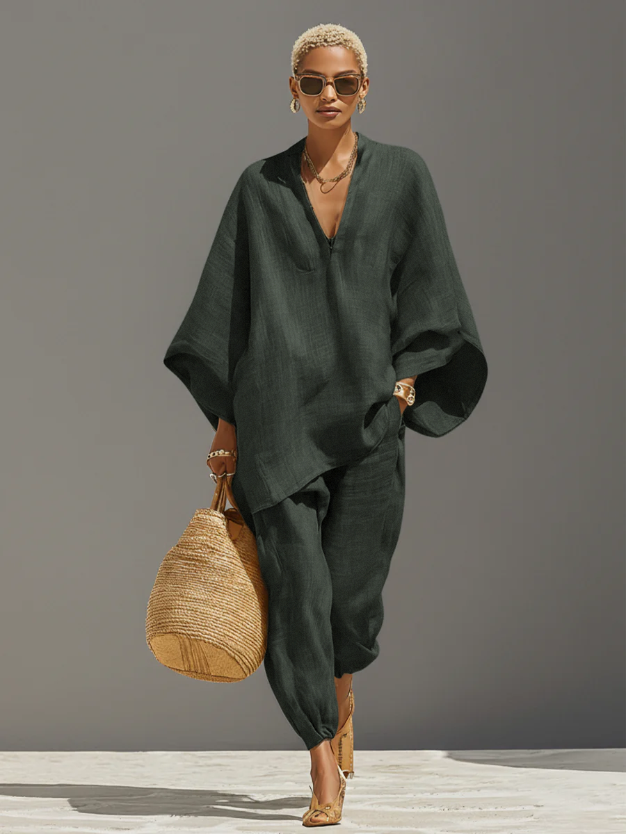 Women's Linen Set - Asymmetric Hem, Minimalist Design for Casual Wear