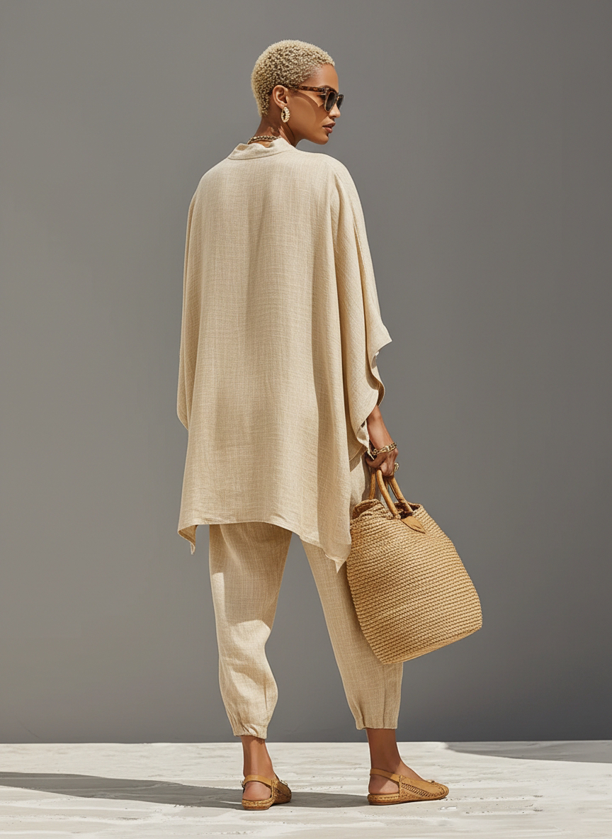 Women's Linen Set - Asymmetric Hem, Minimalist Design for Casual Wear