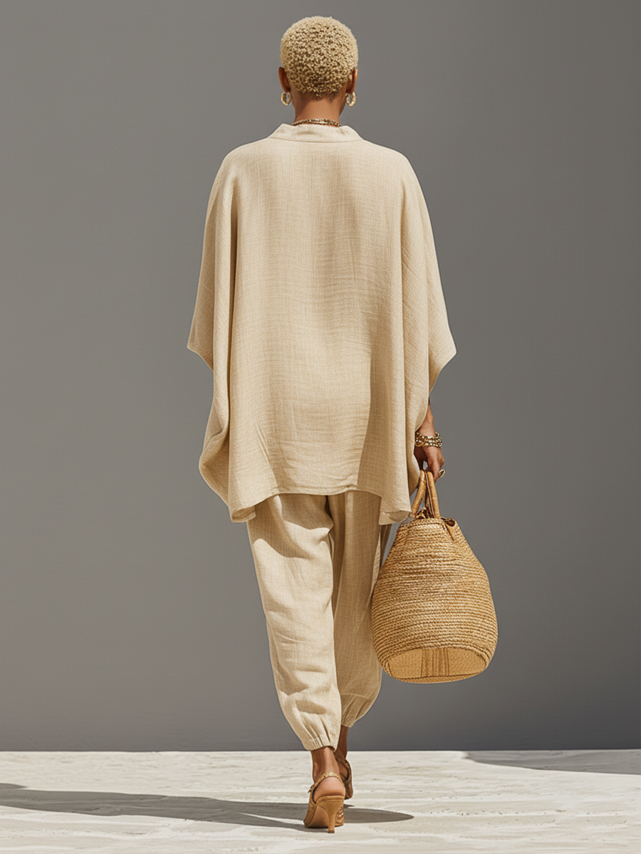 Women's Linen Set - Asymmetric Hem, Minimalist Design for Casual Wear