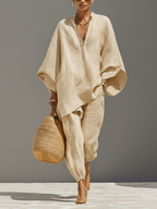 Women's Linen Set - Asymmetric Hem, Minimalist Design for Casual Wear