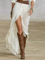 Women's Pleated Maxi Dress in Imitation Cotton and Linen - Long Sleeve, Lapel Design
