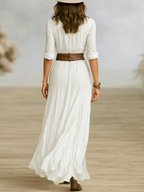 Women's Pleated Maxi Dress in Imitation Cotton and Linen - Long Sleeve, Lapel Design