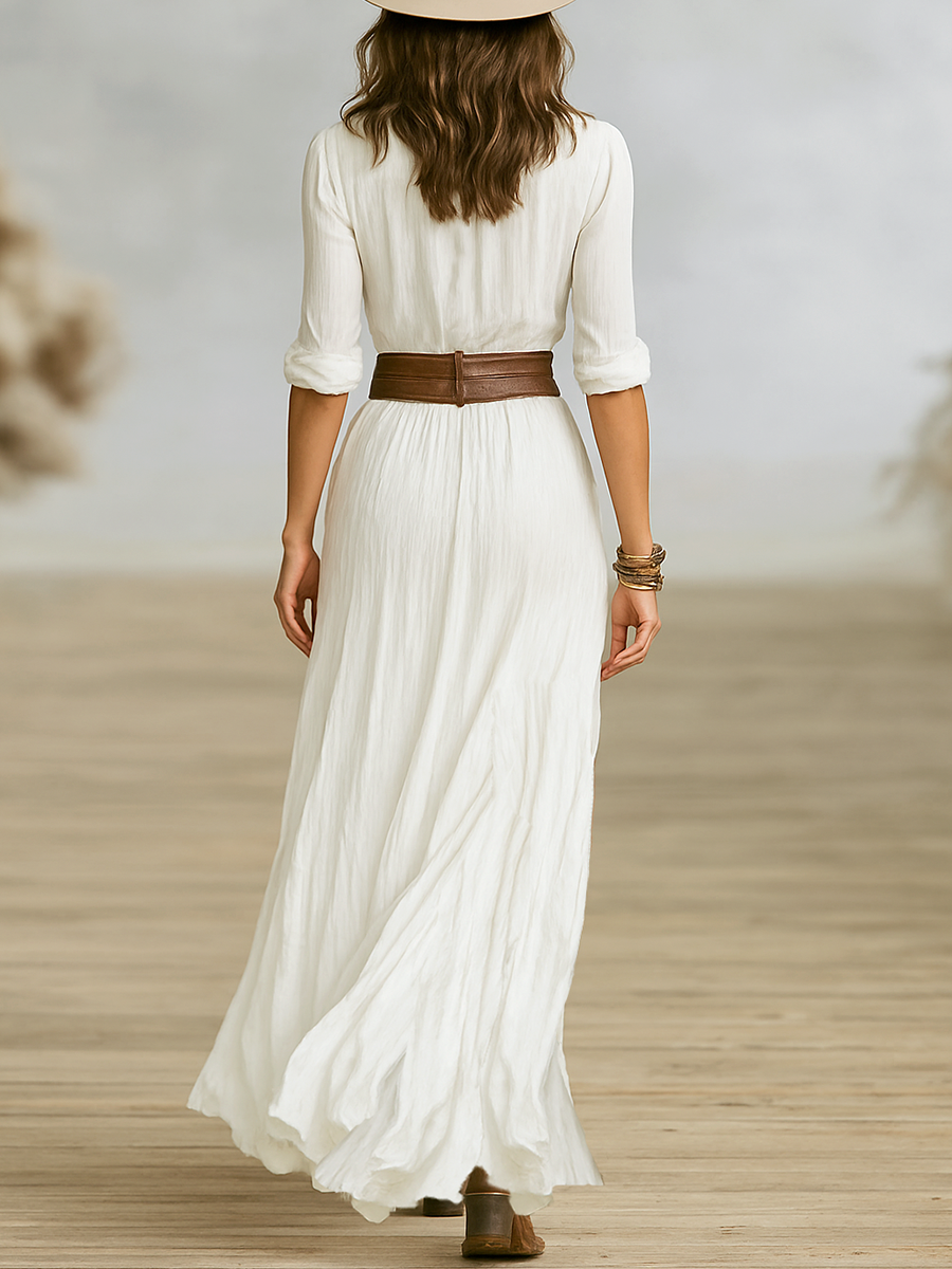 Women's Pleated Maxi Dress in Imitation Cotton and Linen - Long Sleeve, Lapel Design