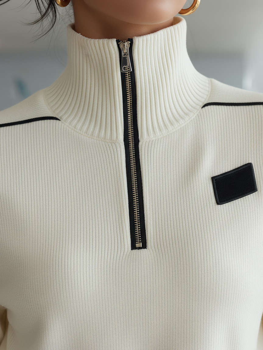 Women's Ribbed Zipper Half Turtleneck Sports Set with Black Trim - Casual Activewear