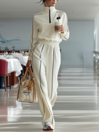Women's Ribbed Zipper Half Turtleneck Sports Set with Black Trim - Casual Activewear