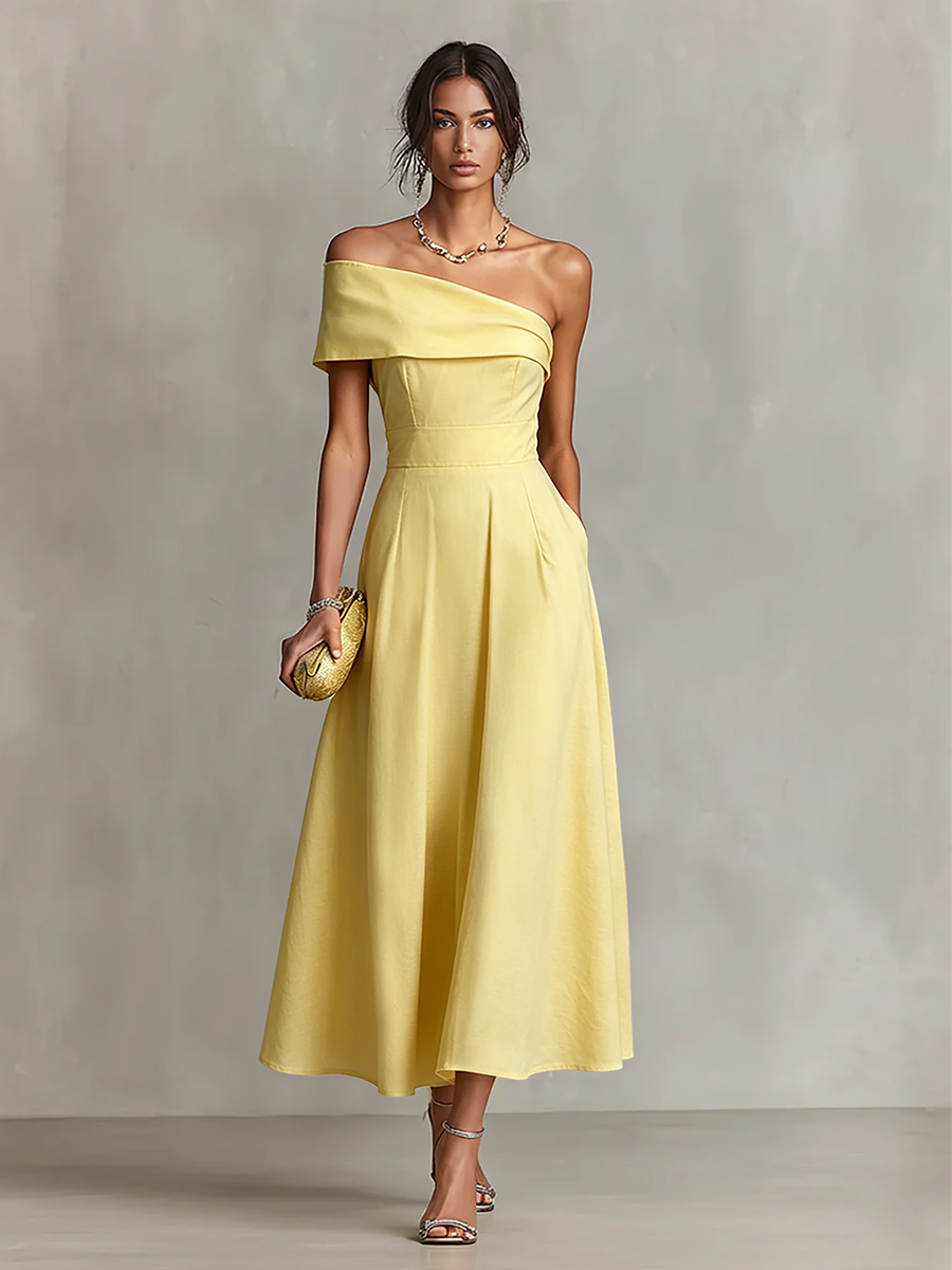 Yellow Linen One-Shoulder Dress with Fitted Waist for Women - Elegant Chic Style