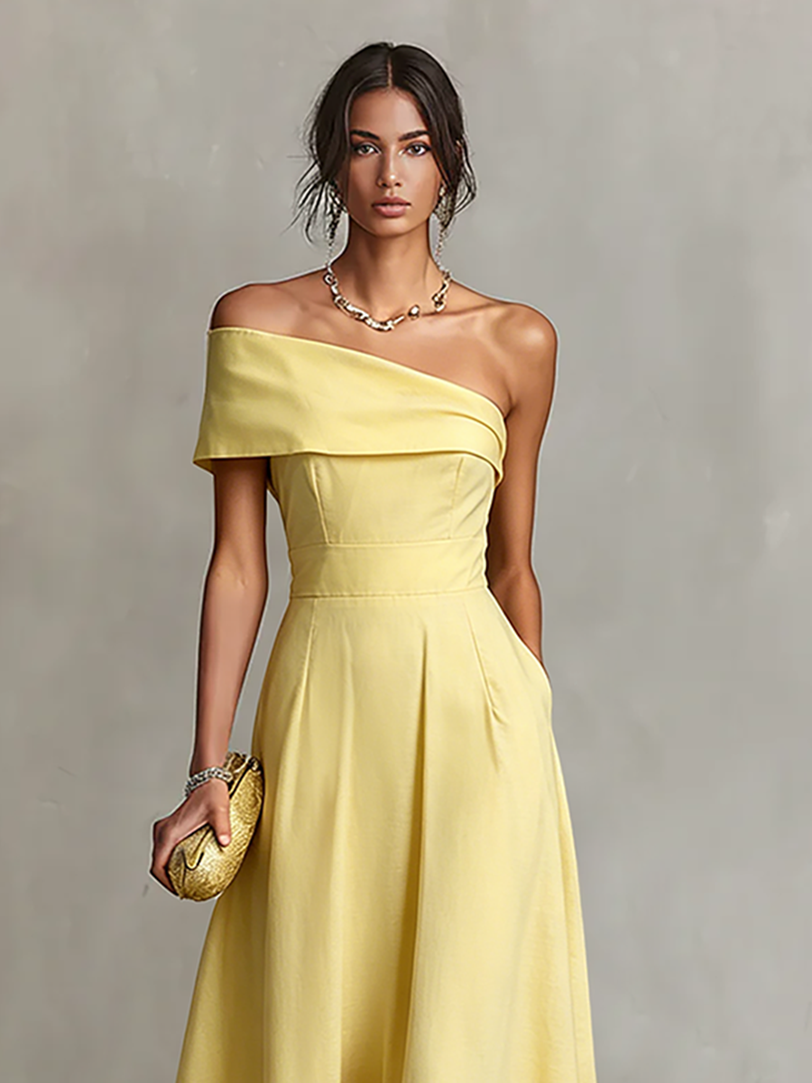 Yellow Linen One-Shoulder Dress with Fitted Waist for Women - Elegant Chic Style