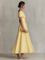 Yellow Linen One-Shoulder Dress with Fitted Waist for Women - Elegant Chic Style