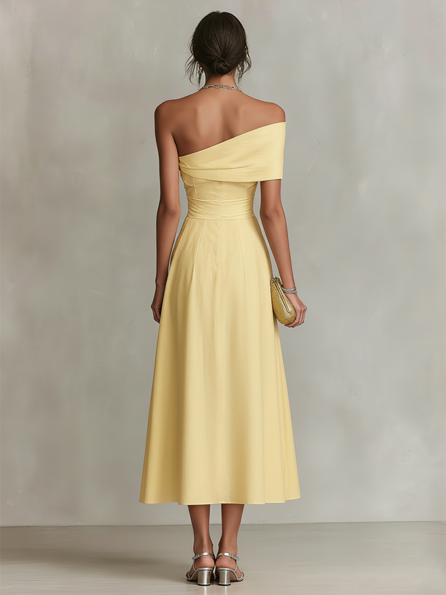 Yellow Linen One-Shoulder Dress with Fitted Waist for Women - Elegant Chic Style