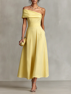 Yellow Linen One-Shoulder Dress with Fitted Waist for Women - Elegant Chic Style