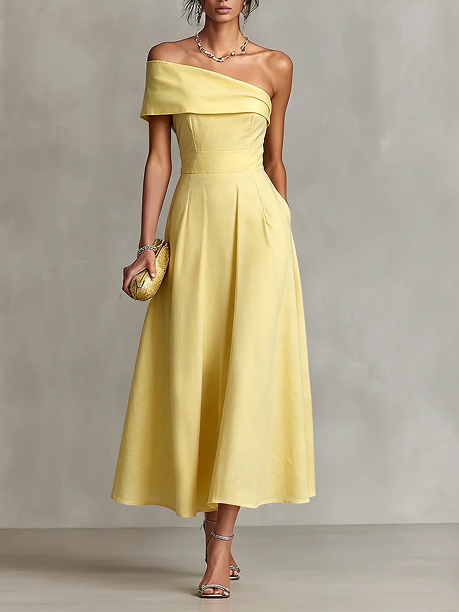 Yellow Linen One-Shoulder Dress with Fitted Waist for Women - Elegant Chic Style