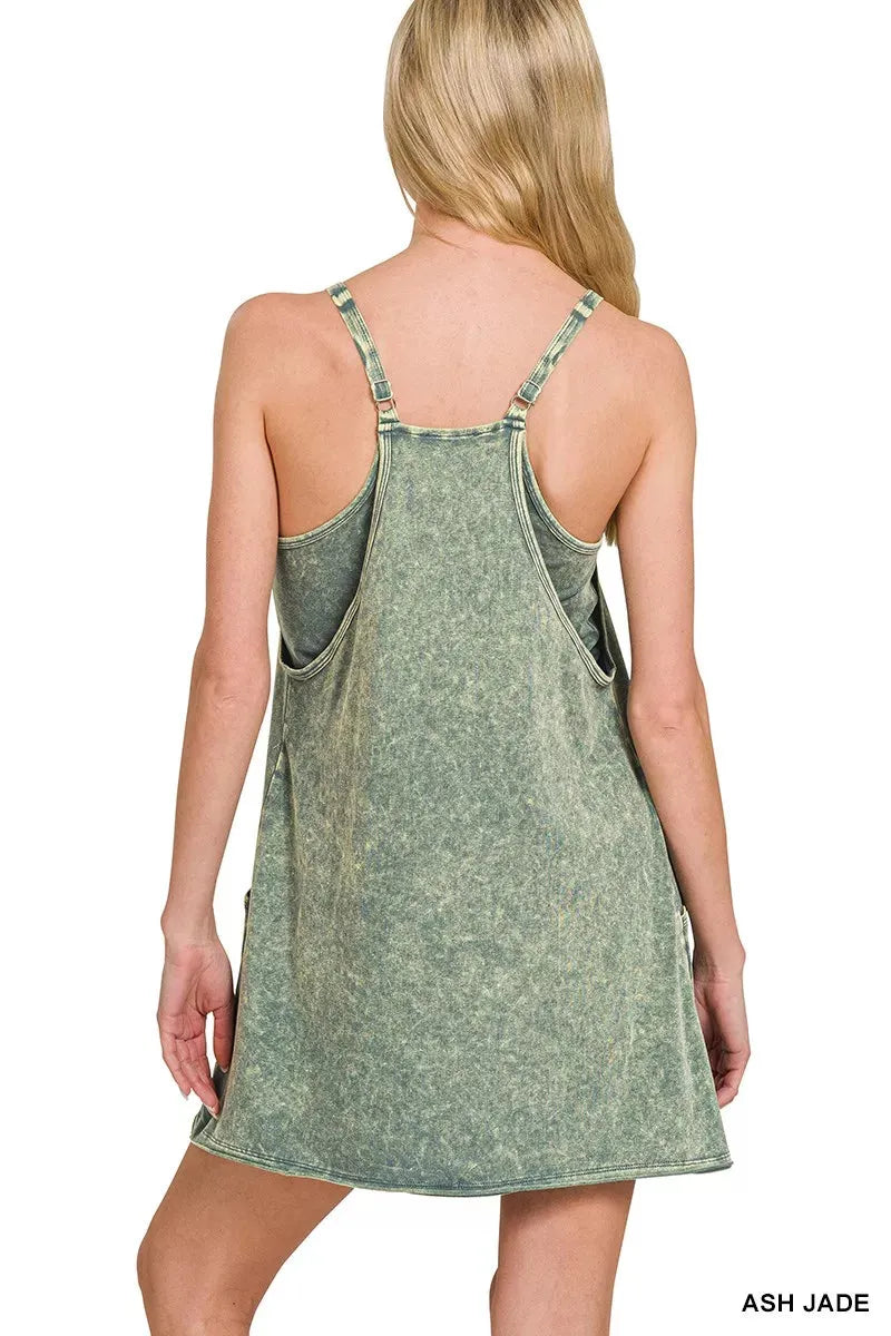 Zenana Acid Washed Mini Dress With Built-in Romper Liner