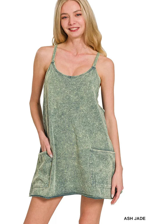 Zenana Acid Washed Mini Dress With Built-in Romper Liner