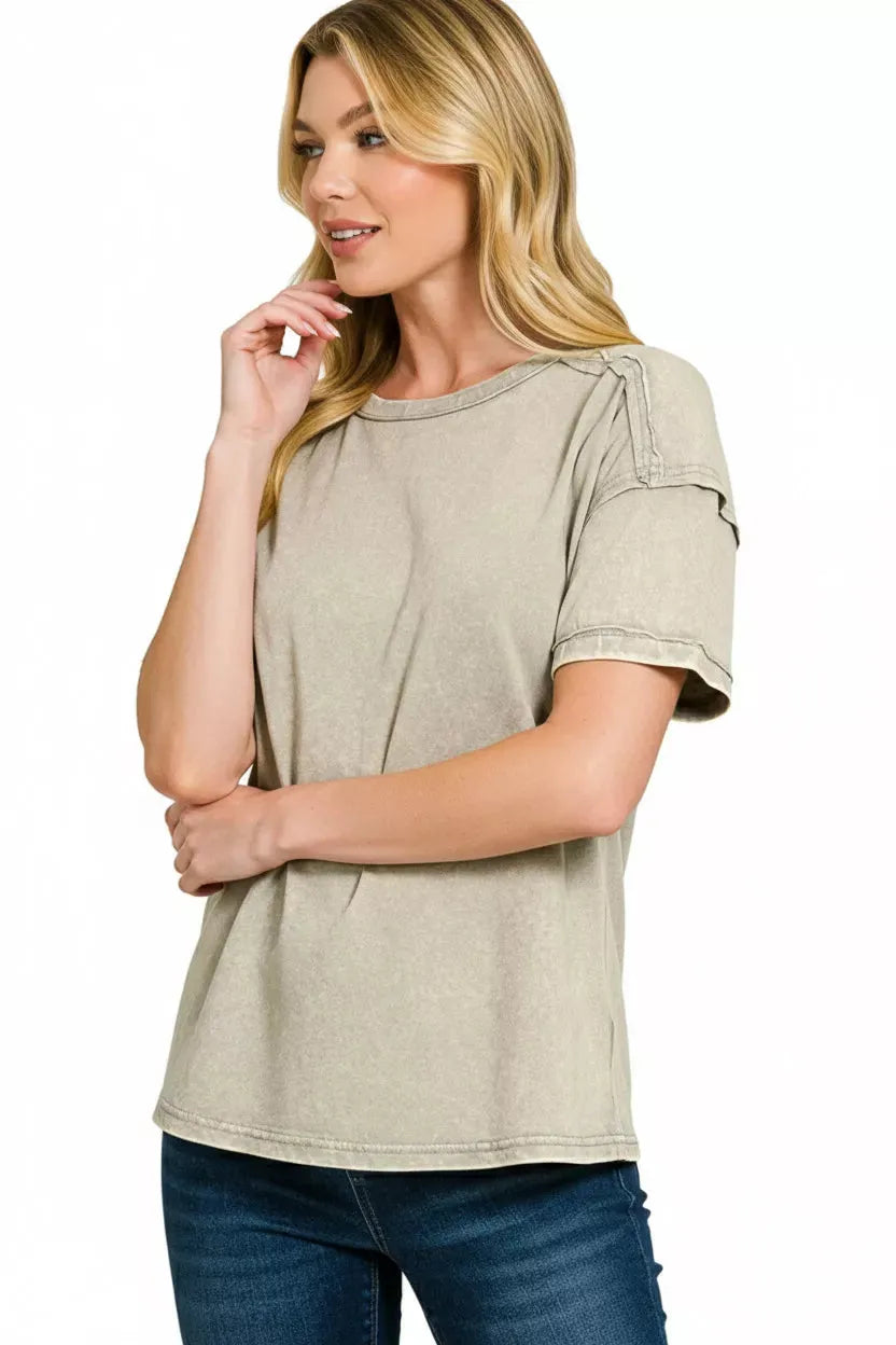 Zenana Acid Washed Round Neck T-shirts