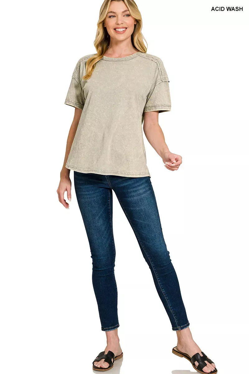 Zenana Acid Washed Round Neck T-shirts