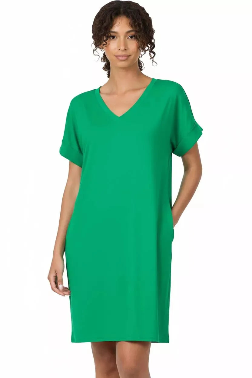 Zenana Brushed Dty Rolled Short Sleeve V-Neck Dress