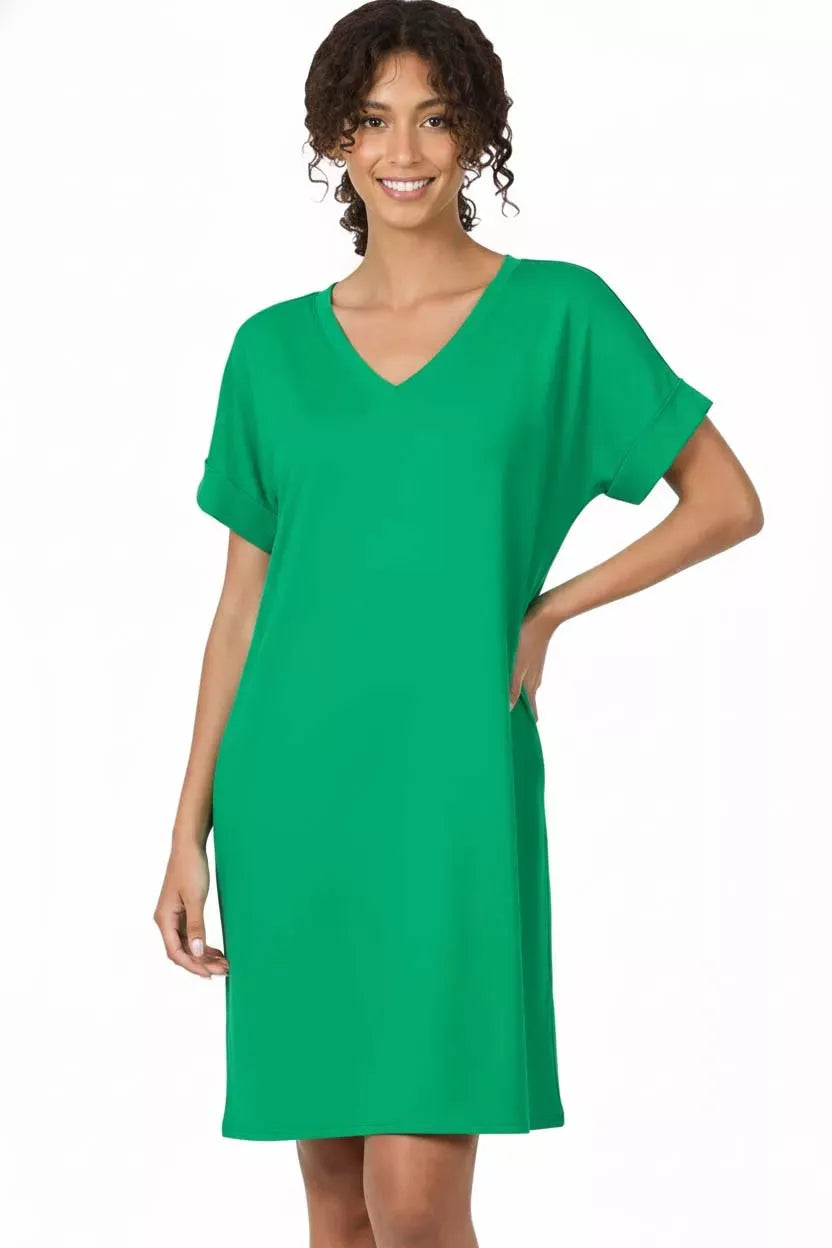 Zenana Brushed Dty Rolled Short Sleeve V-Neck Dress