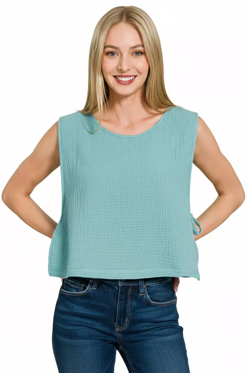 Zenana Double Gauze Side Tie Sleeveless Top