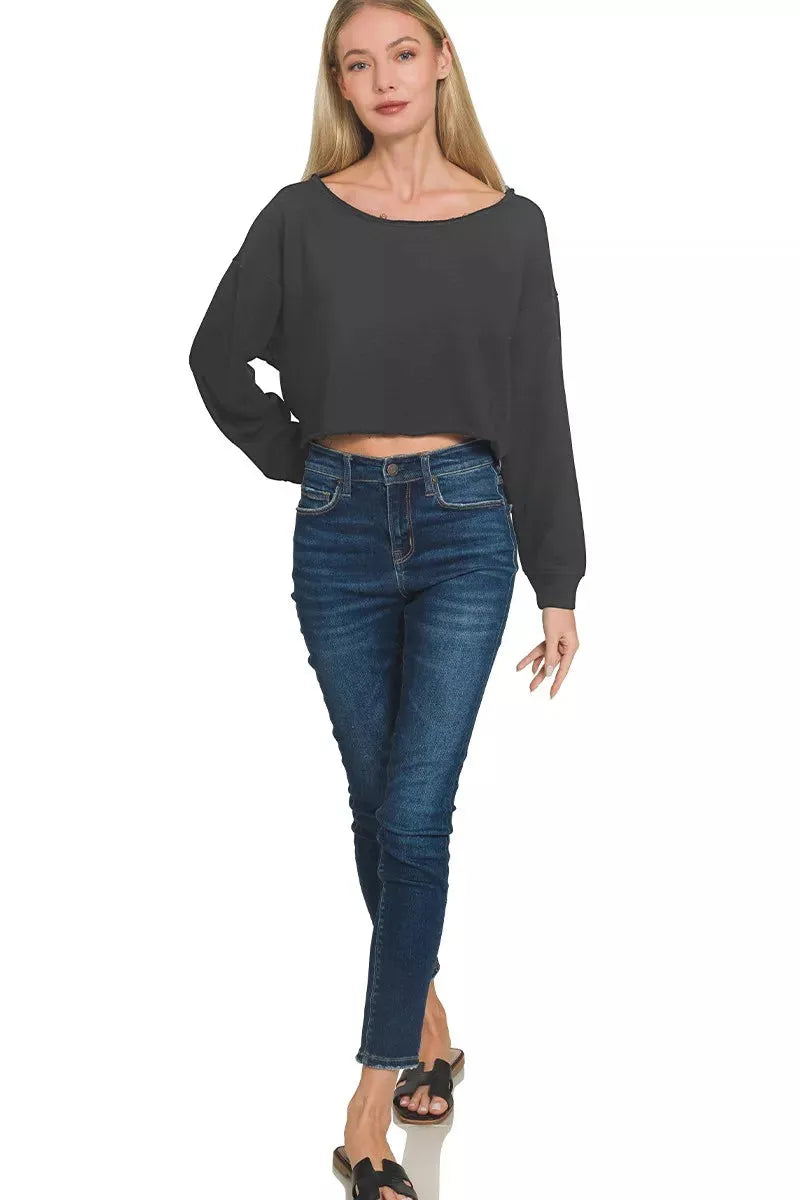 Zenana French Terry Boatneck Crop Top