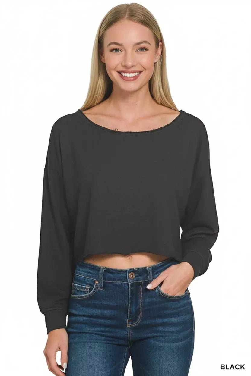 Zenana French Terry Boatneck Crop Top