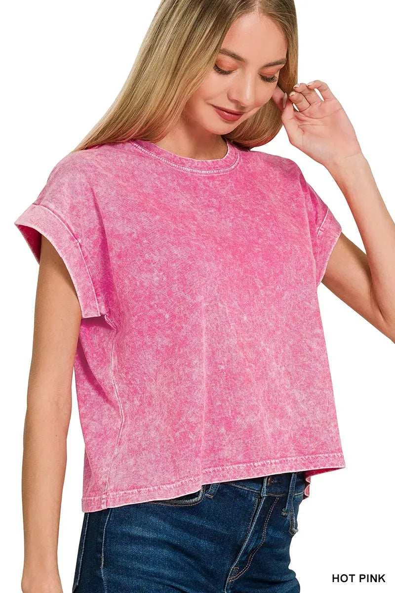 Zenana Halo Washed Cotton Cuffed Short Sleeve Top