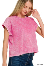 Zenana Halo Washed Cotton Cuffed Short Sleeve Top