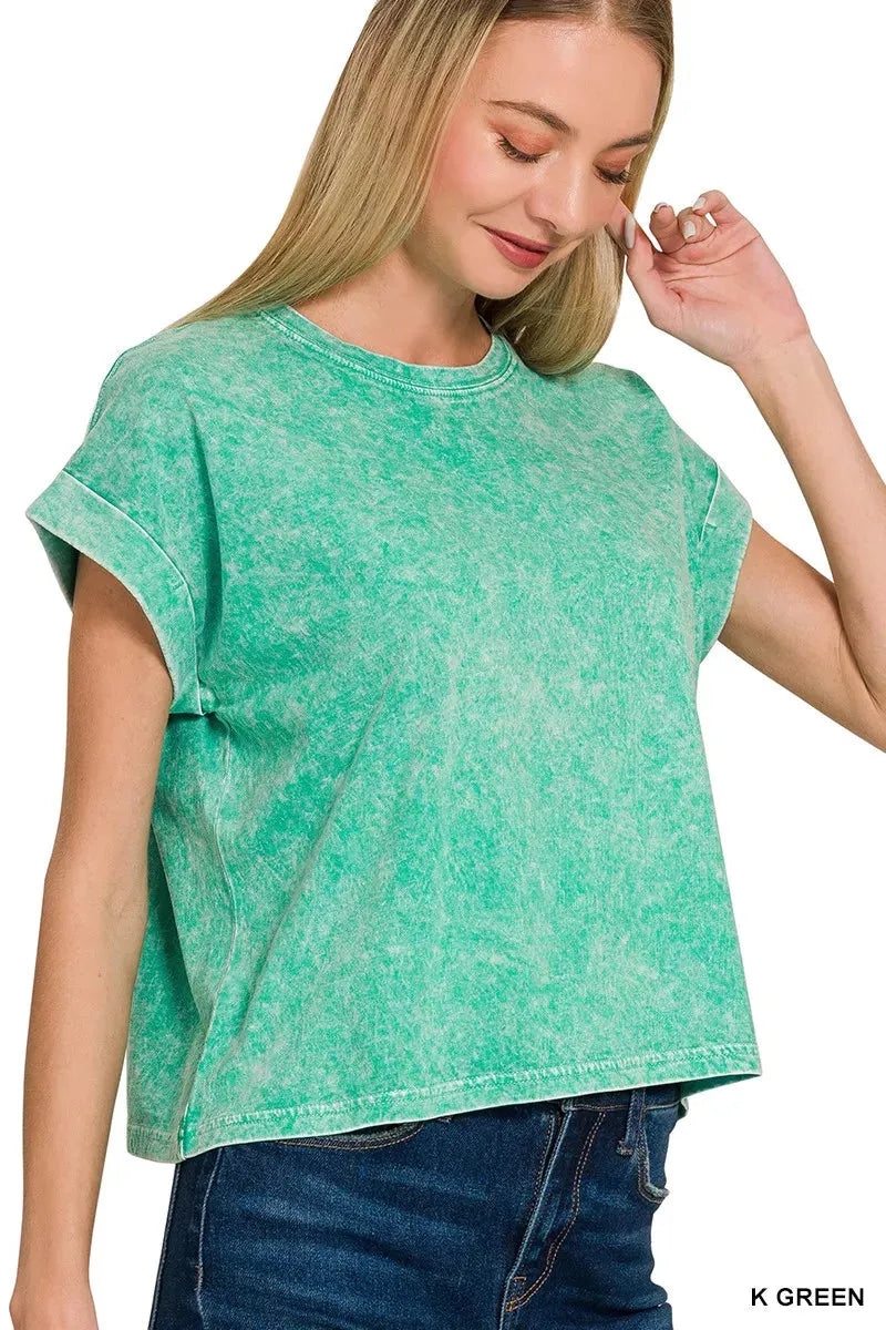 Zenana Halo Washed Cotton Cuffed Short Sleeve Top