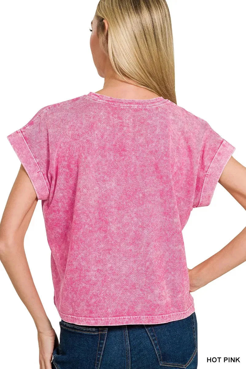 Zenana Halo Washed Cotton Cuffed Short Sleeve Top