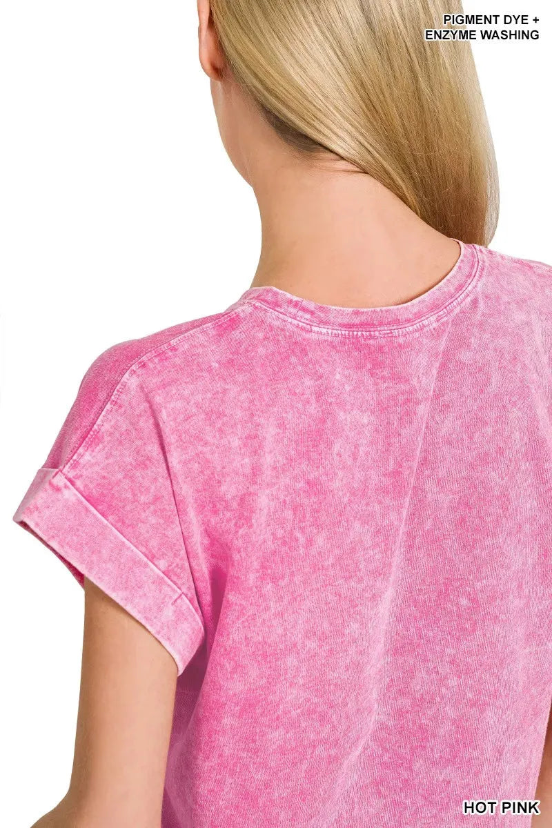 Zenana Halo Washed Cotton Cuffed Short Sleeve Top